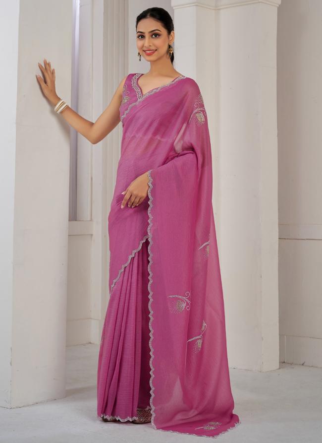 Crush Silk Pink Ceremonial Wear Hand Work Saree